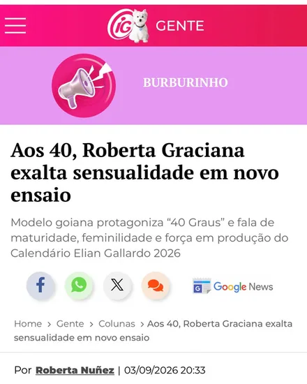 Matéria no iG Gente: Aos 40, Roberta Graciana exalta sensualidade em novo ensaio