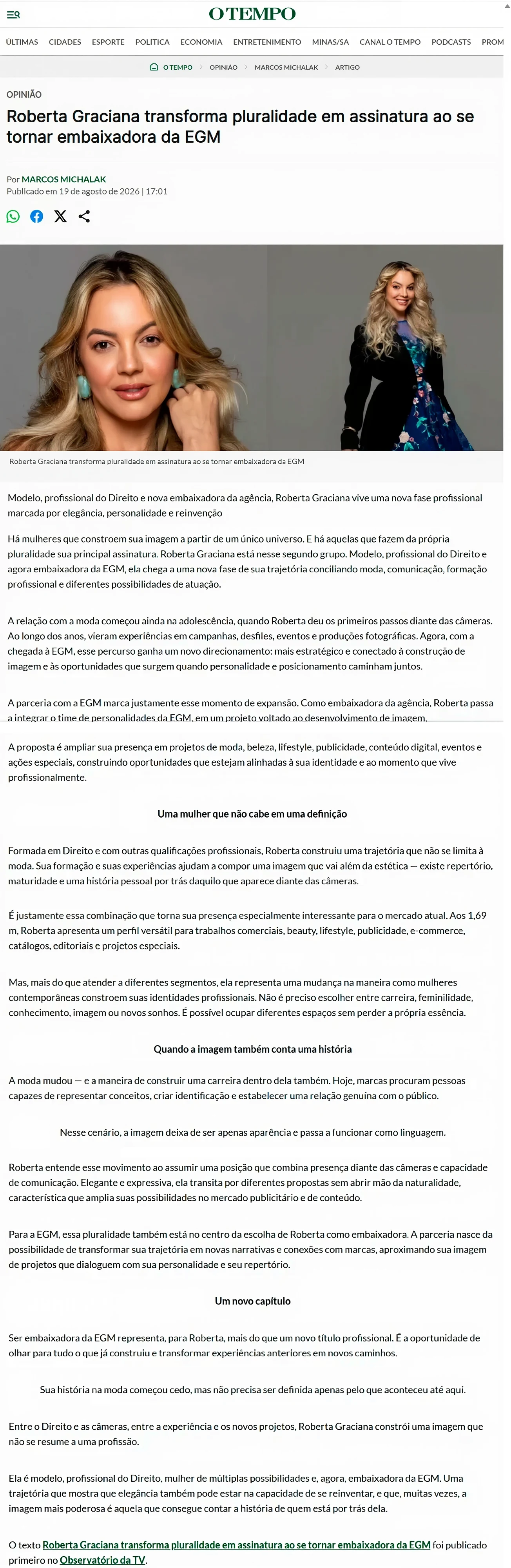 Matéria no O Tempo: Roberta Graciana transforma pluralidade em assinatura ao se tornar embaixadora da EGM